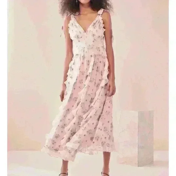 Rebecca Taylor Leander floral metallic clip midi dress in pink silk - Picture 1 of 13